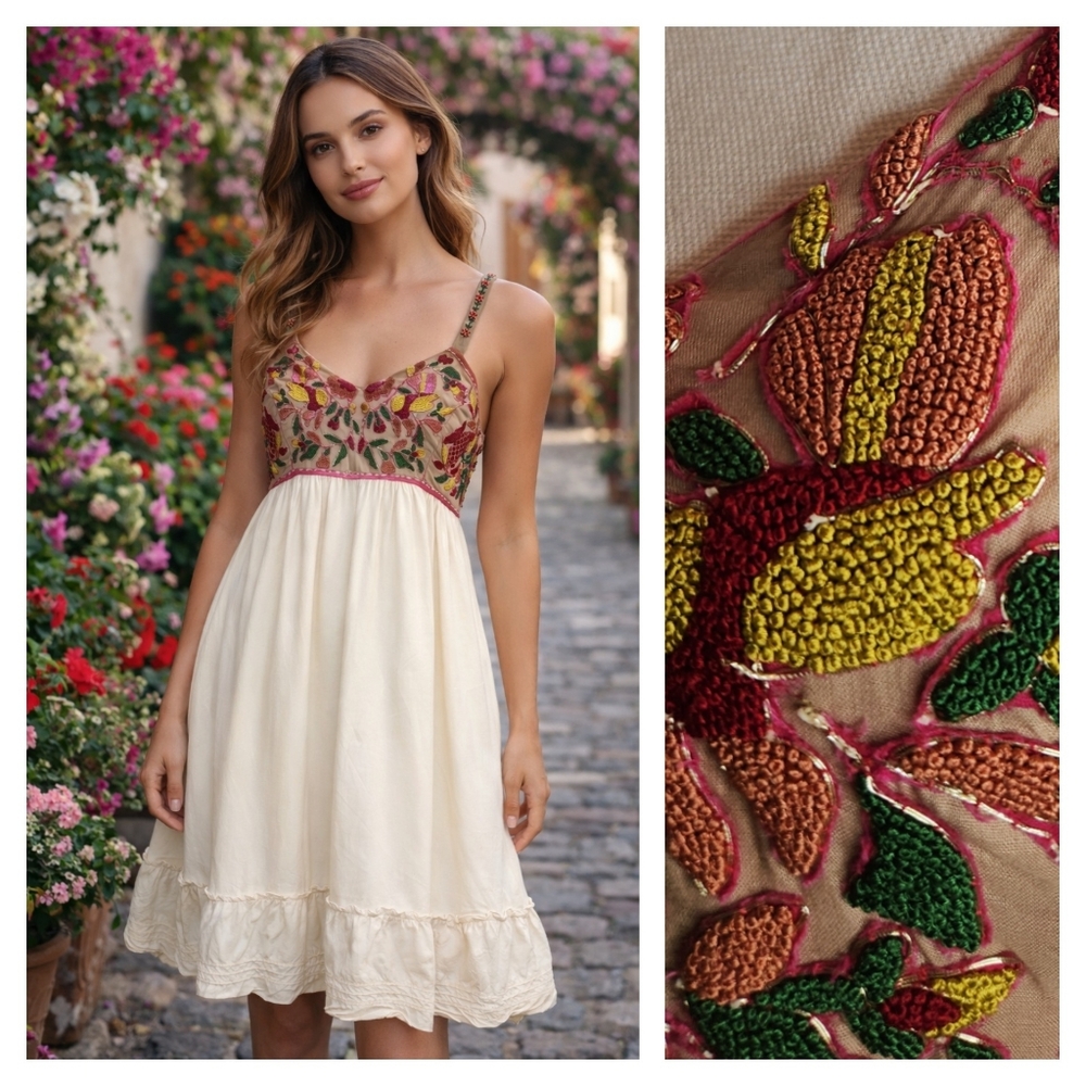 Anthropologie Zehavale Norrbotten Beaded Boho Babydoll Midi Dress | Size 6 Small